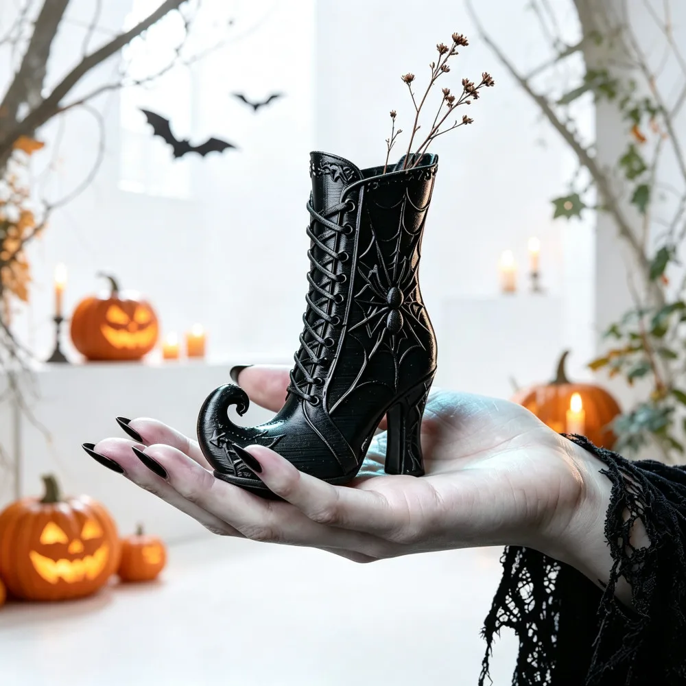 Mini Gothic Witch Boot Pen Holder Halloween Desktop Ornament Dark Academia Home Decor Flower Vase Jewelry Trinket Storage Pot