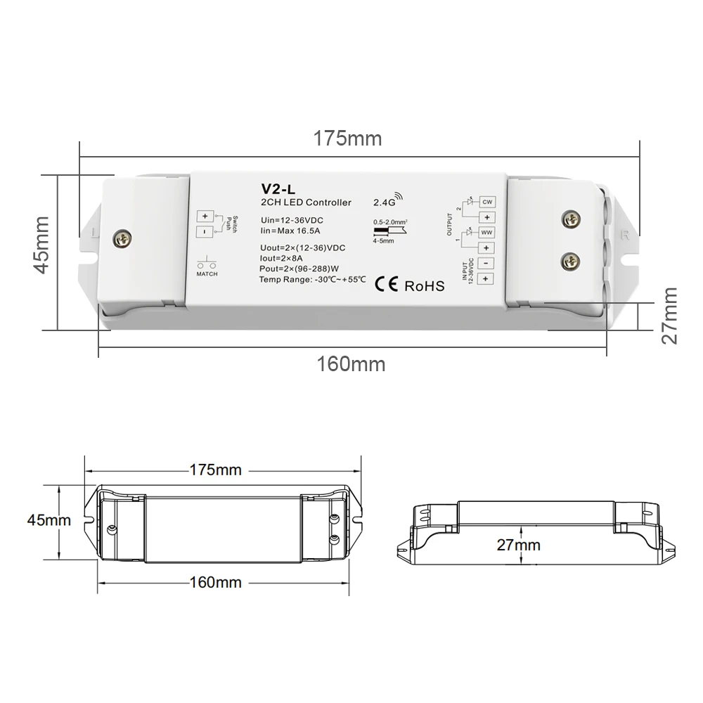 WW CW V2-L ثنائي اللون LED باهتة 12-48 فولت 2 قناة RF 2.4G لاسلكي للتحكم عن بعد CCT شريط إضاءة أبيض مزدوج المنتج الأصلي
