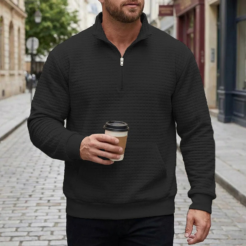 

Men's Waffle Knit Half-Zip Pullover Casual Stand Collar Sweatshirt with Kangaroo Pocket