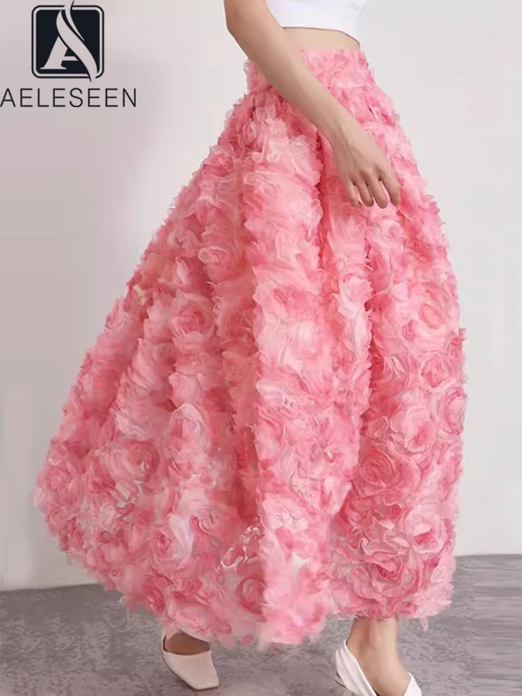 

AELESEEN High Street Princess Skirt Women Spring Summer Luxury 3D Appliques Sweety Pink Blue Purple Ball Gown Casual Holiday