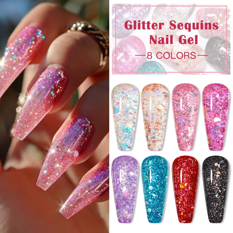 7ml Glitter Gel Nail Polish Sparkly Glitter Sequins Nail Gel Semi Permanent Soak Off UV Gel LED Nail Art Varnish Manicure Design