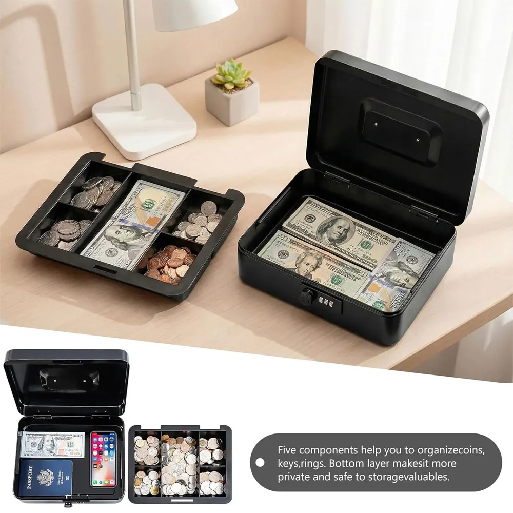 Large Password Lock Cash Box, Sturdy Metal Material, Removable Cash Tray, Suitable for Storing Banknotes, Checks and Coins view 5