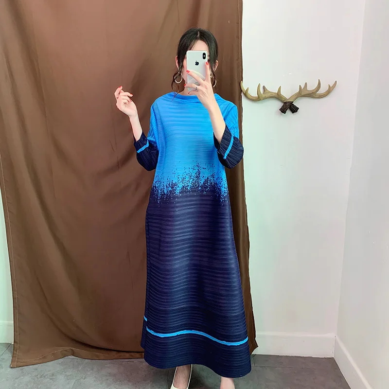 Miyake Pleated Maxi Dress for Women 2024 New Color Block Printed O-Neck Long Sleeves Loose Dresses Female Clothing Summer