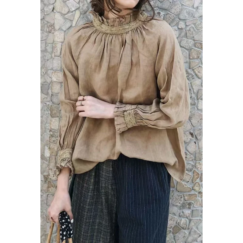 

Autumn Women's New Spliced pullover Fashionable Solid Color Retro Cotton Linen Lace High Collar Long-sleeved Shirt