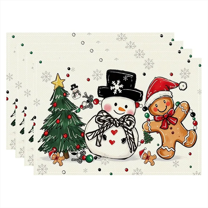 VIKAMA Linen Placemats Snowman Gingerbread Man, Cream White, Stain Resistant Easy to Clean, Dining Table Holiday Party