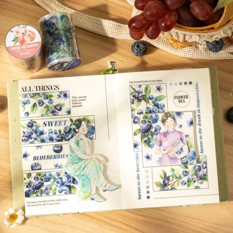 1 rollo de material para manual, cintas para recortes, colección de recortes, suministros de Collage, cinta de fruta PET, uvas de flores, adhesivos de 2M, 55mm x 2m