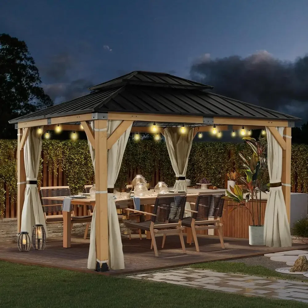 Wooden Hardtop Gazebo with Mosquito Netting Waterproof Curtains Double Layer Galvanized Steel UV Protection Durable Outdoor