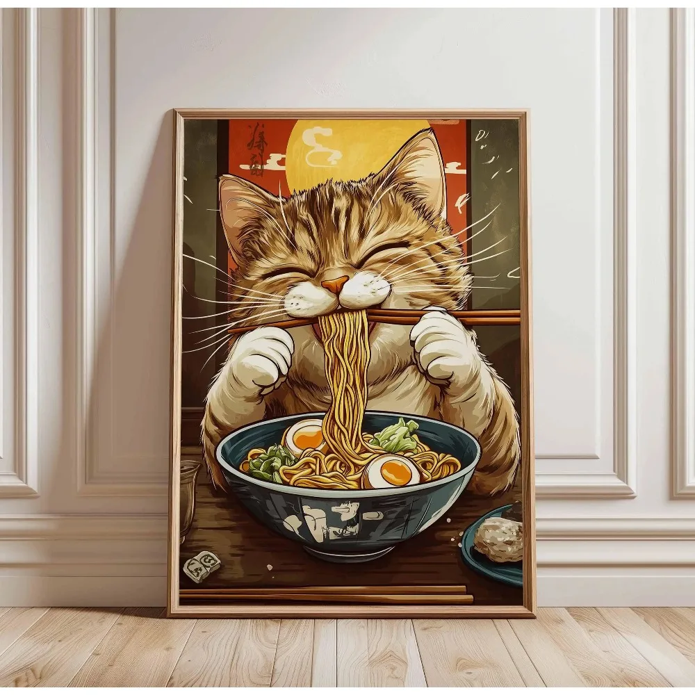 Black Cat Ramen Japanese Food Noodle Ginger Cat Poster Print Wall Art Pictures Canvas Painting Living Room Home Wall Decoration