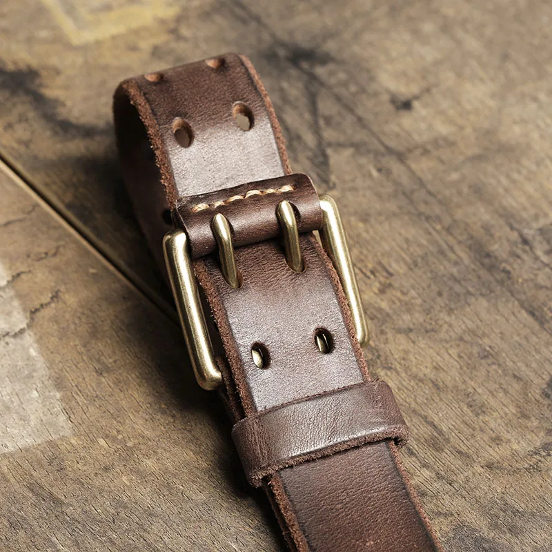Vintage Handmade Top Layer Leather Belt for Men Double Prong Copper Buckle Genuine Leather Jeans Belt Double Hole Waist Belt