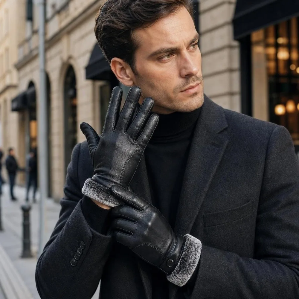 Fashion Warm Leather Touch Screen Gloves Non-Slip Windproof Driving Cycling Gloves Thickened Waterproof Winter Men Gloves Winter
