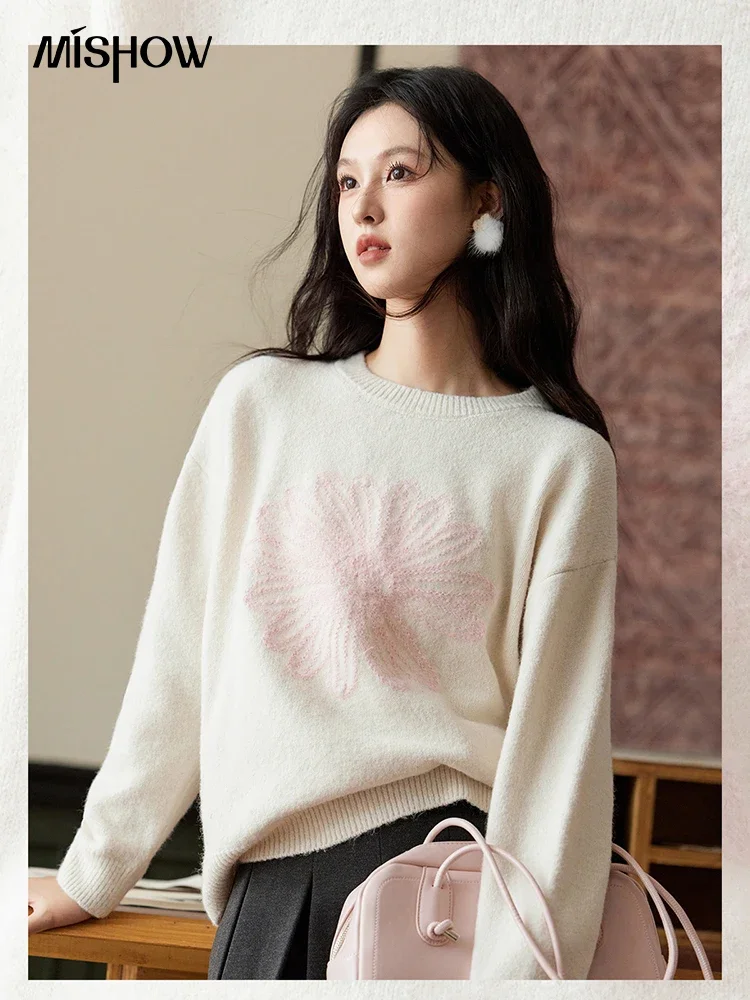 MISHOW Flower Embroidery Pullover Sweater Wool Blend Soft Warm Versatile Long Sleeves Knitted Tops Office Lady MXD58Z1130