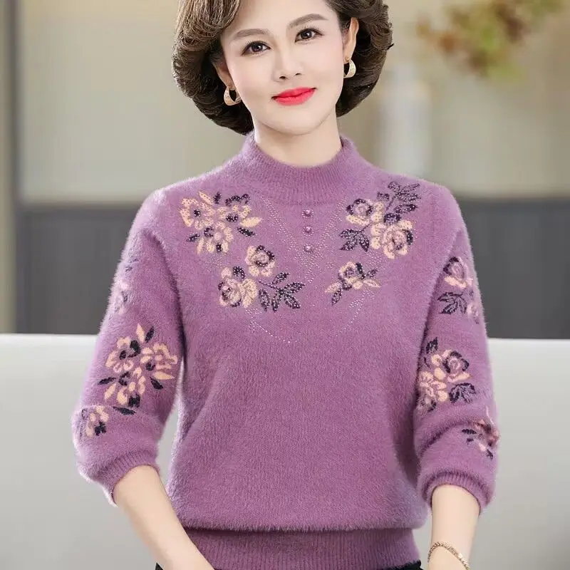 Women Autumn Winter Elegant Loose Embroidered Mock Neck Long Sleeve Fleece Knitwear Ladies All-match Knitting Bottoming Shirt