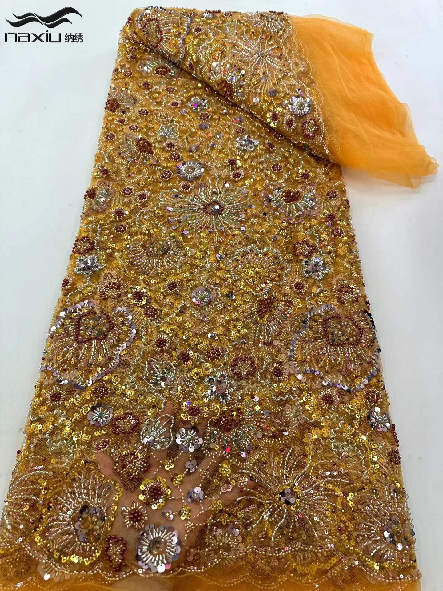 

Madison African Nigerian French Net Groom Embroidery Tulle Sequins Lace Fabric Beautiful Luxurious Heavy Beaded Lace For Wedding