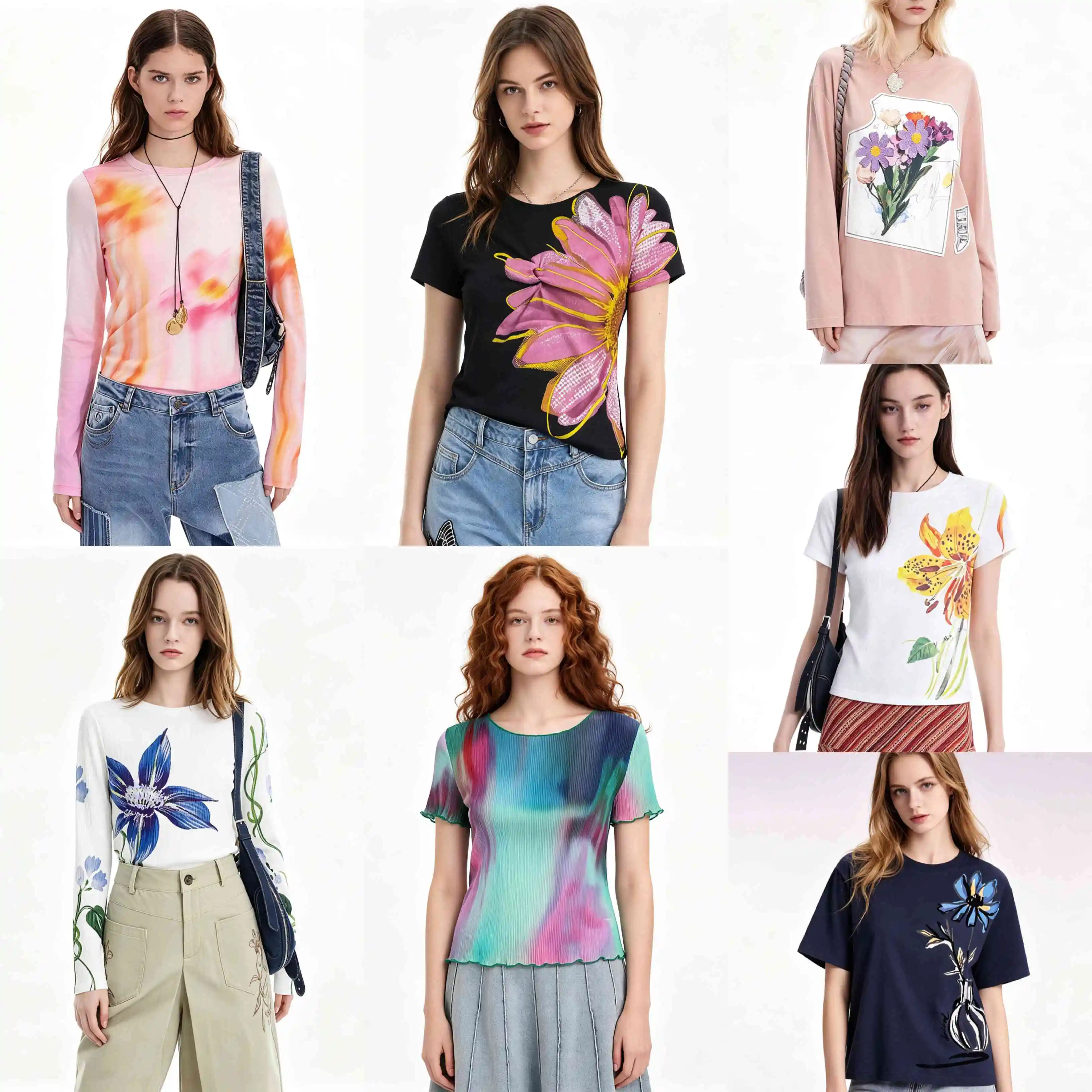 2026 Foreign Trade Spain Original Single Women's T-shirt New Product Embroidered Flower Elastic Round Neck Top