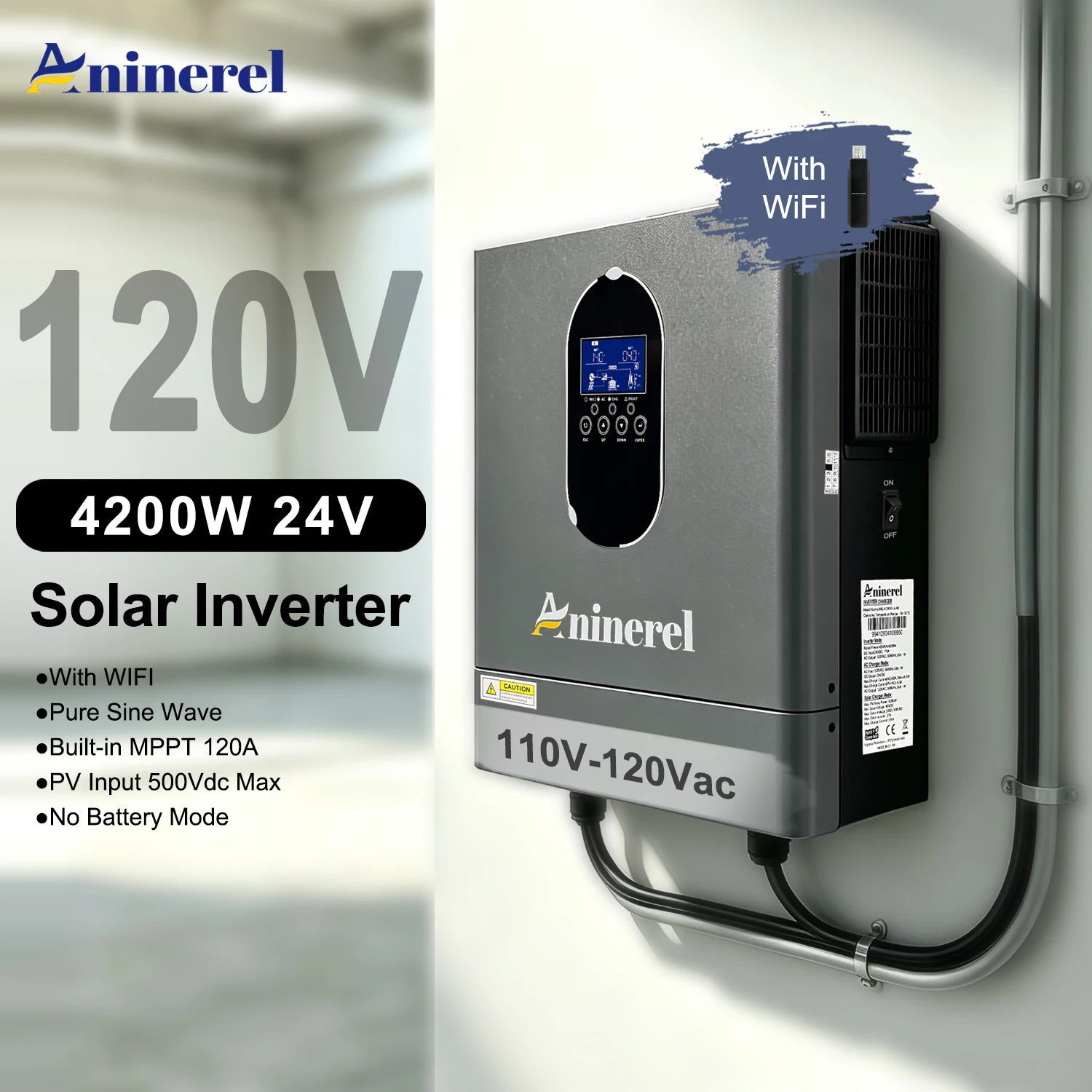 Aninerel Hybrid Solar Inverter 4200W 24V 120VAC Built-in MPPT  On-Grid+On-Grid Home Inverter With WIFI 11KW 6.2KW 48V 220VAC