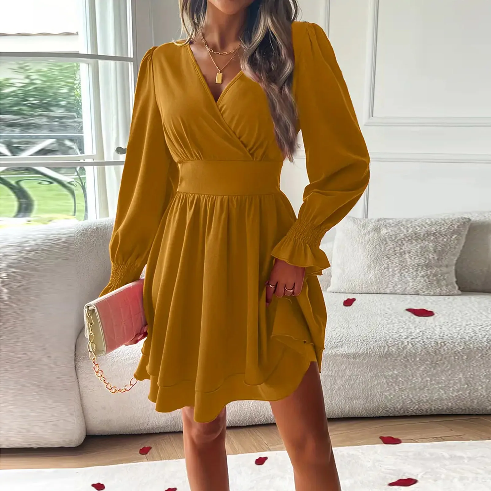 Vestido feminino com decote em v, cintura cinched, cor sólida, saia de camada dupla, primavera e outono, mini vestido retrô