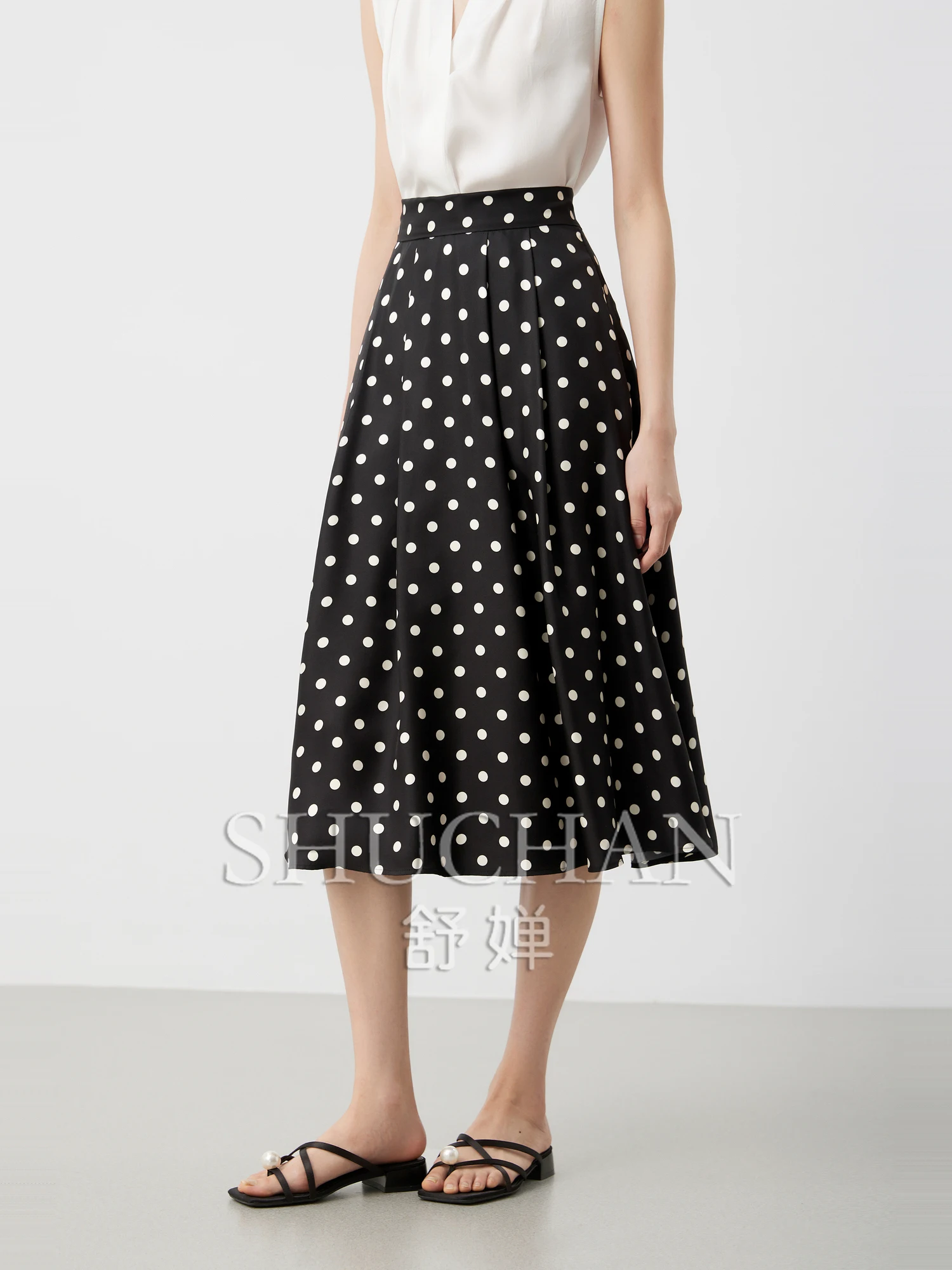 18 Mmi Twill Silk Mulberry Silk Classic Interest Contrasting Color Polka Dot Temperament High Waist Skirt Women