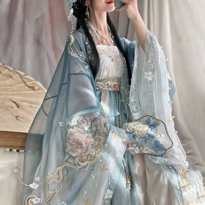 

Женское винтажное платье Hanfu с градиентной синей вышивкой