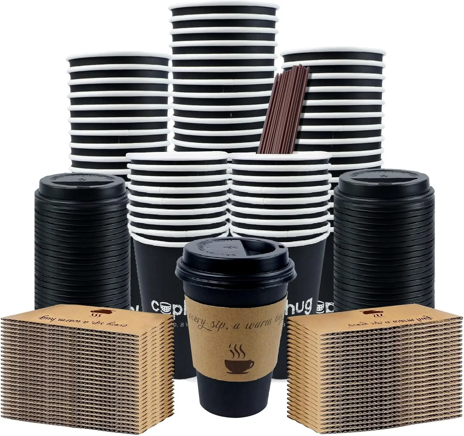 

100 Pack 12 oz Black Coffee Cups with Lids, To Go Paper Cups with Sleeves and Stirring Sticks, Insulated Disposable Coff