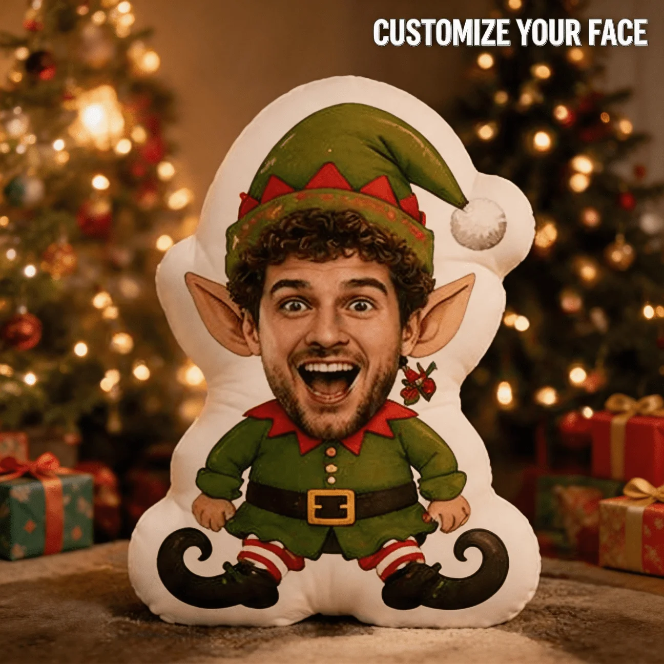 Custom Photo Elf Shaped Pillow, Personalized Face Holiday Character Decorative Cushion, Funny Christmas Home Decor Accent for So
