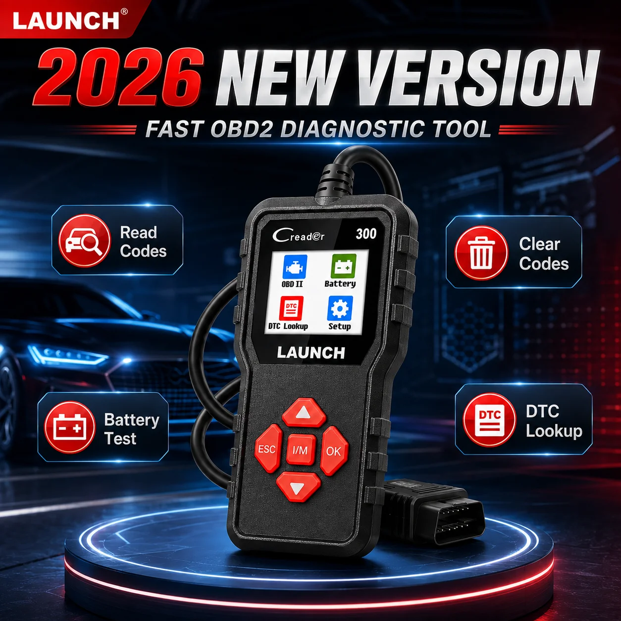 LAUNCH X431 CR300 OBD2 Scanner Auto Diagnostic Tool, Engine Fault Code Reader & Battery Tester, CAN I/M Readiness, Lifetime Free Update