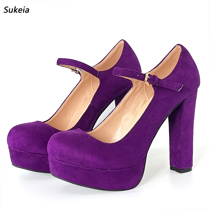 Sukeia Real Photos Women Spring Platform Pumps Chunky Heels Buckle Strap Round Toe Purple Party Shoes Ladies US Plus Size 5-20