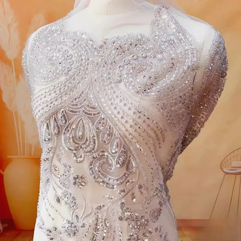 124CM Wide, Multi Colored Exquisite Beaded Sequins, Lace Embroidery Fabric, DIY Clothing, Wedding and Evening Dress Decoration