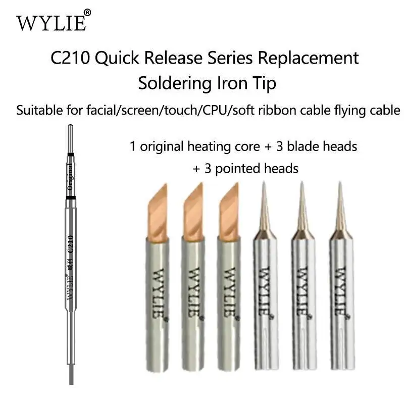 WYLIE C210 Quick Release Soldering Tip with 6 Replacement Heating Cores Fast Swap for Phone CPU Screen Soft Ribbon Cable Repair