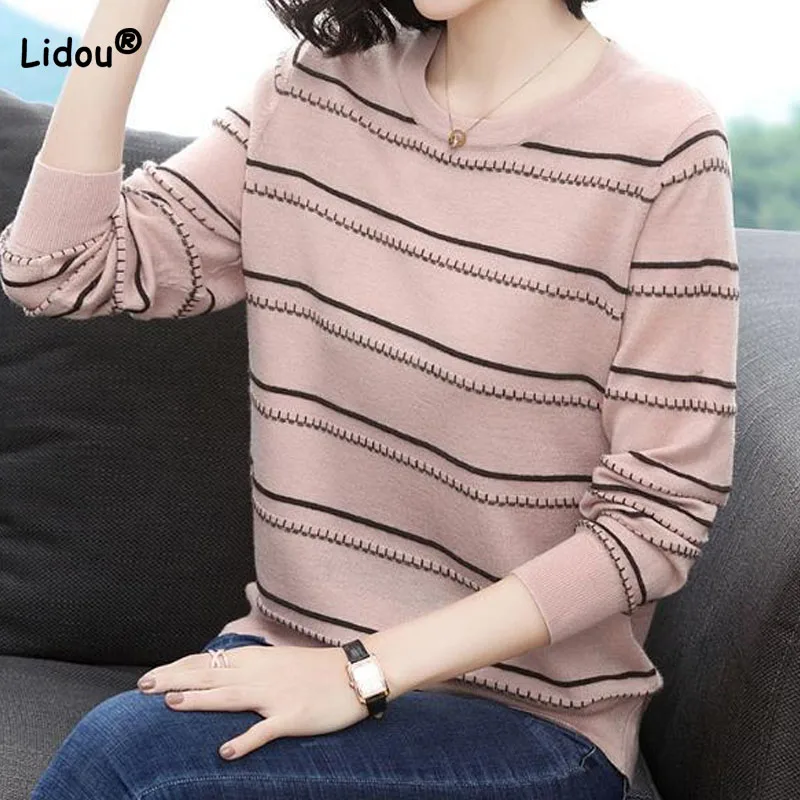 

Autumn Winter Elegant Commute Long Sleeve Striped Sweaters Women's Clothing Casual All-match Round Neck Knitted Tops for Female