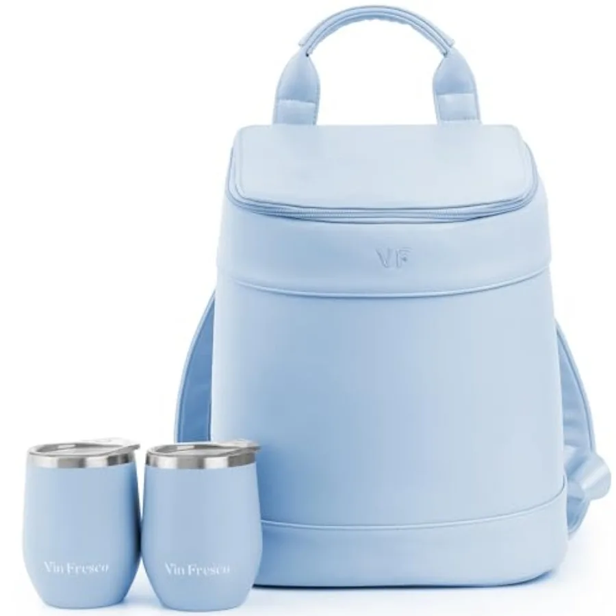 

Insulated Cooler Backpack with 2 Stainless Steel Wine Tumblers Leakproof and Spillproof Stylish Vegan Leather Picnic Cooler Bag
