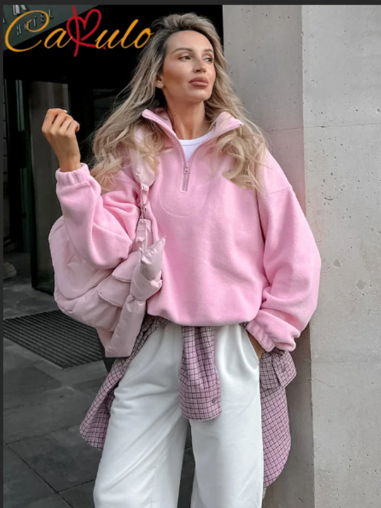 

2025 Fashion Ladies Mnealways18 Polar Fleece Pink Zipper Pullover Tops Women's Streetwear Long Sleeves Sweatshirts Autumn Winter