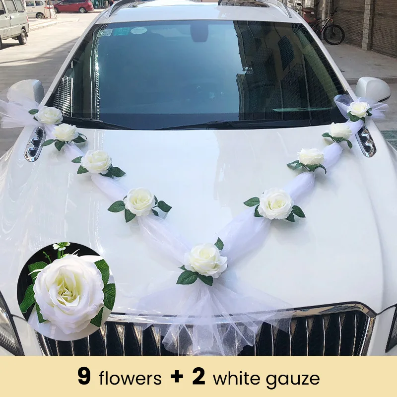 Witte Roos Kunstbloem voor Bruiloft Auto Decoratie Bruidsauto Decoraties Deurgreep Linten Zijden Bloem