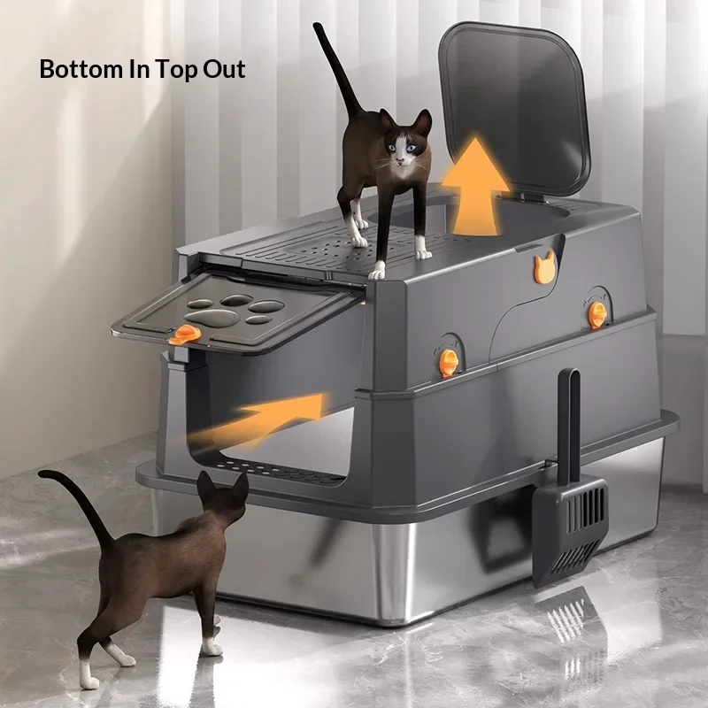 Caja de arena extra grande para gatos de acero inoxidable con tapa - imagen 4