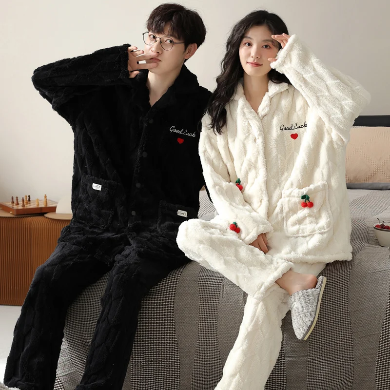 Autumn and Winter 2024 New Big Brand Warm Simple Pajamas Couple Set Women Coral Fleece Flannel Men's Home Wear pijamas de pareja