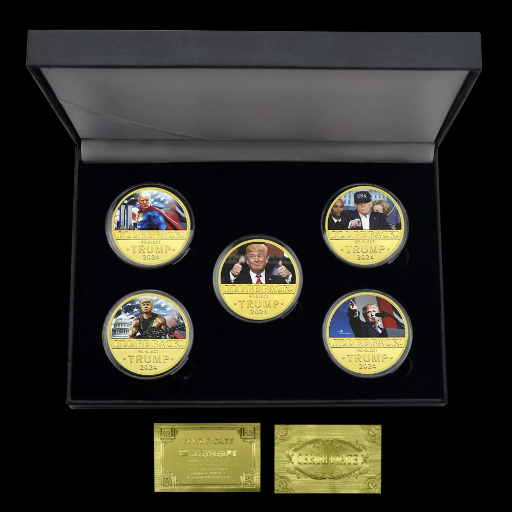 2024 Donald J. Trump Re-elect Gold Plated Challenge Coin 5pcs/set in Gift Box US 47th President Support Medal Festival Gift