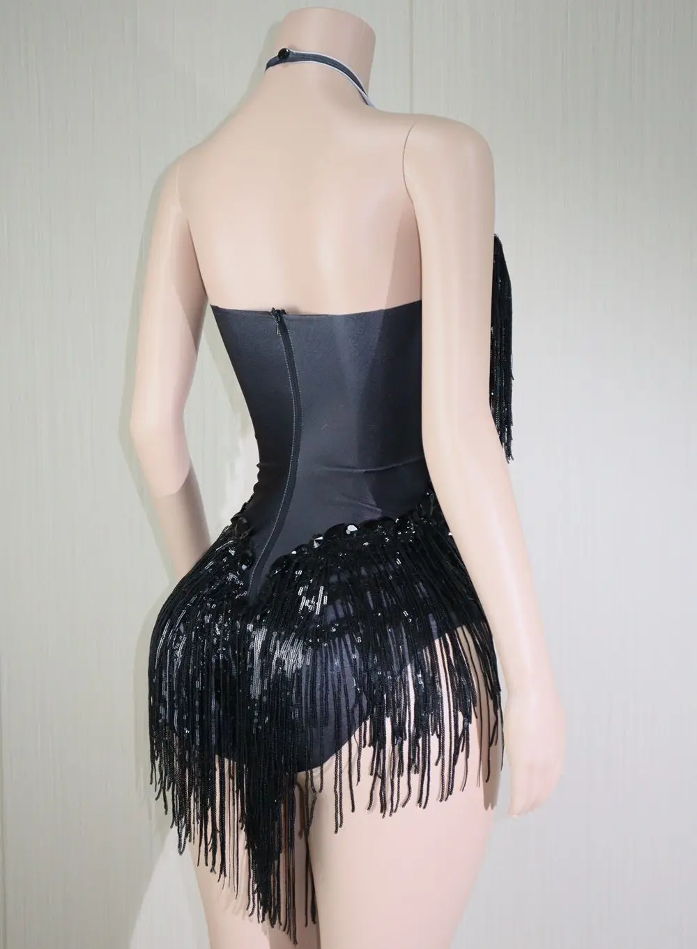 Sparkly Black Stones Sequins Fringes Leotard Women Nightclub Outfit Dance Costume One-piece Stage Wear Sexy Performance Clothing