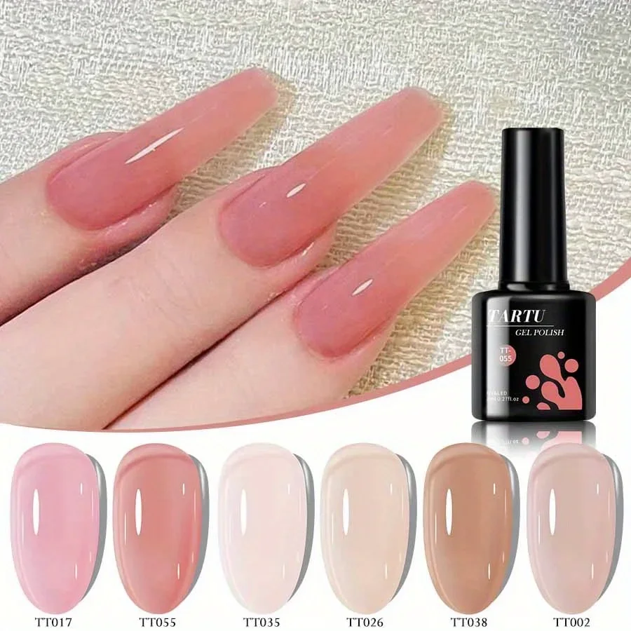 6 Stück 8 ml Jelly Nude Pink Nagelgel-Set, durchscheinend, 6 Farben, durchsichtiges, semipermanentes Gel-Nagellack-Set, Soak Off für UV/LED, Nagelkunst
