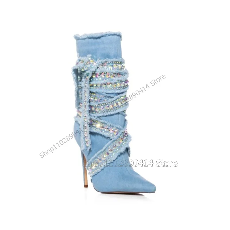 Blue Denim Crystal Decor Ruffles Pointed Toe Boots Mid Calf Women Shoes Thin High Heels Fashion Runway 2023 Zapatos Para Mujere