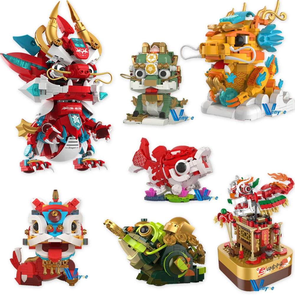 

Chinese Dragon Qiling Building Blocks Classical Lamp Music Box Assembled Auspicious Beast Model Micro Bricks Toy For Kid Gifts