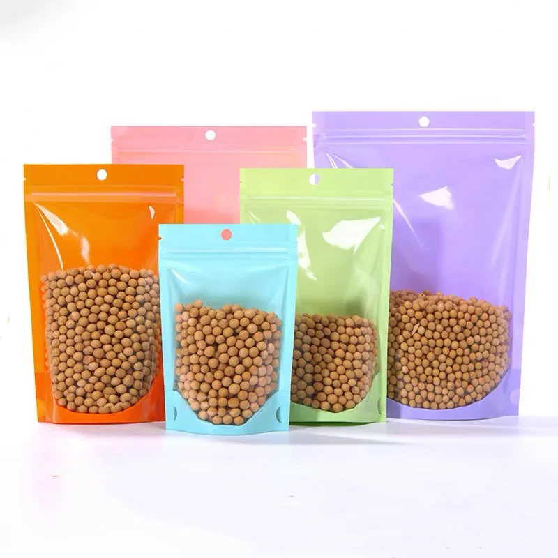 Glossy Clear Front Plastic Snack Packaging Bags With Zipper Colorful Doypack Pouch For Seeds Packing