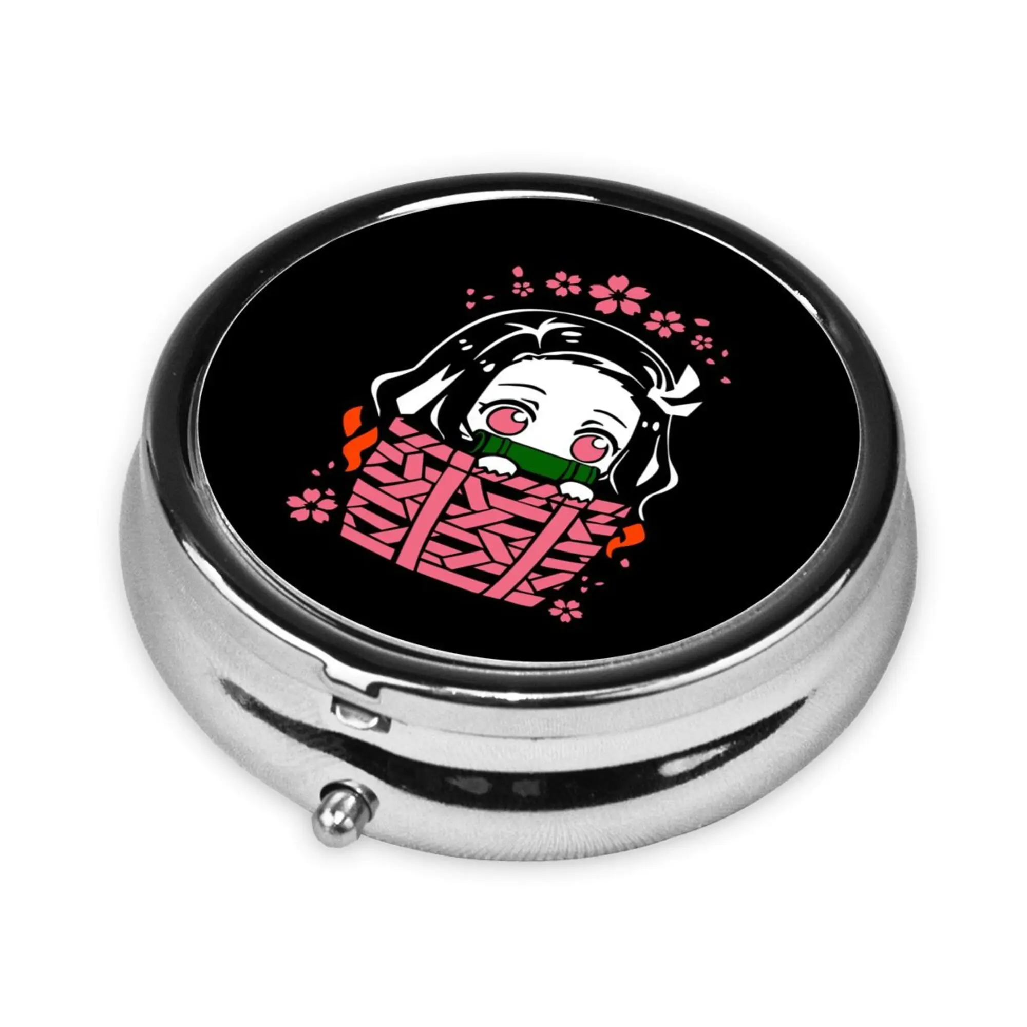 Anime Nezuko Small Round Pill Case Pill Box Mini Medicine Case Vitamin Pill Organizer for Pocket and Purse