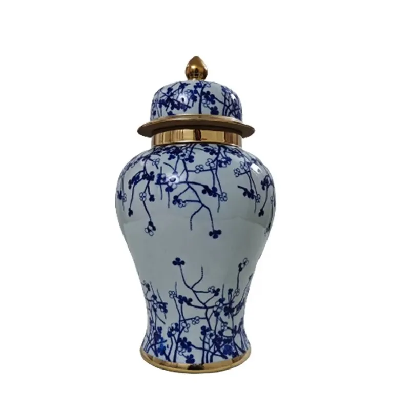 Lightweight luxury ceramic large size blue gold ginger jar living room decorative vase