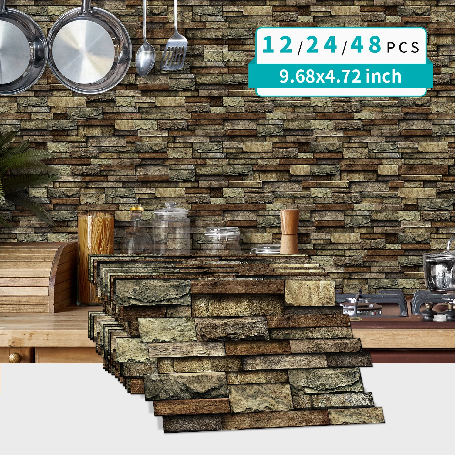 

12/24/48PCS Vintage Style Pvc Tile Stickers, Waterproof, Stain Resistant, Self-Adhesive Living Room Art Wall Decoration Stickers