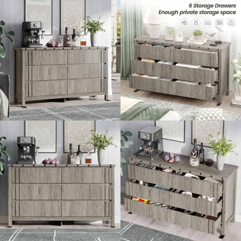 

Деревянный комод с 6 ящиками и рифленым дизайном для хранения в спальне и подставки под телевизор