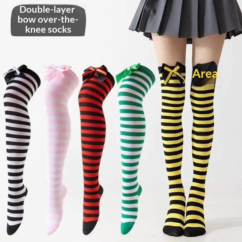 1Pairs Striped Over Knee High Socks With Cute Double Bow Decor Soft Elastic Fabric For Cosplay Halloween Party Daily Casual Wear