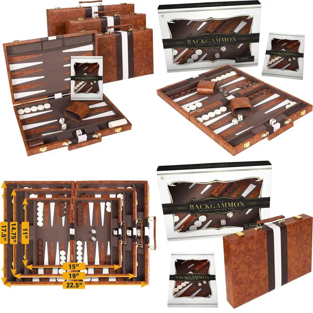 

Large 18 Brown Leatherette Backgammon Set for Adults & Kids - Travel-Sized Board Game with Accessories