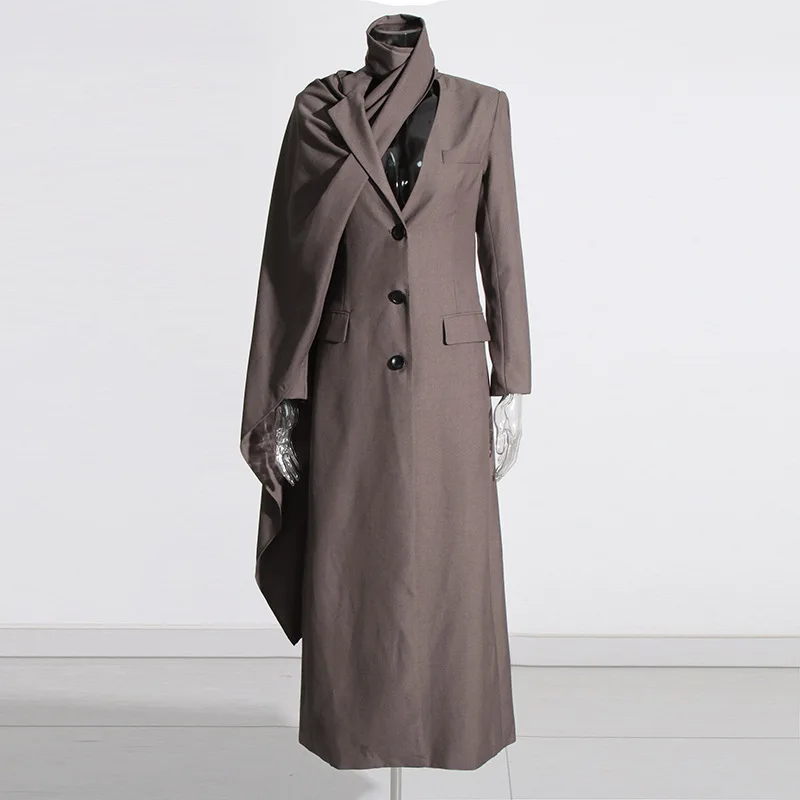 ZAMOR European Unique Irregular Cutout Cape Long Trench Coat 2026 Autumn New Chic Long Slim Fit Women Outerwear