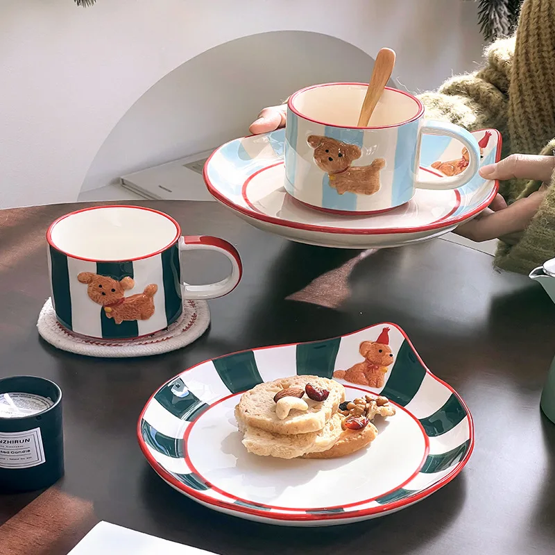 

350ml Hand-painted Cute Dog Ceramic Mug Set Coffee and Water Cup Breakfast Cup with Plate Home Decoration Office Mug