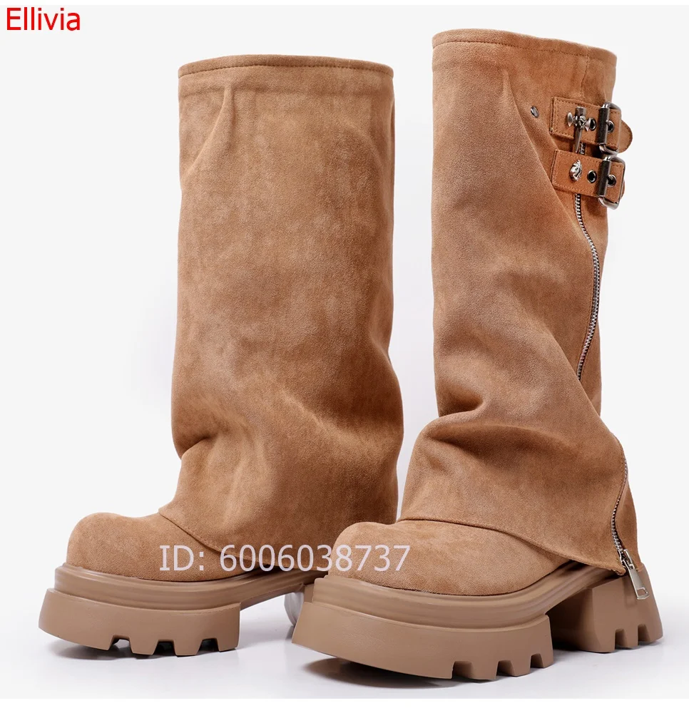 Women Khaki Suede Ruched Knee High Boots Chunky  Platform Block Heel Double Buckle Side Zipper Streetwear Fashion Tall Boots