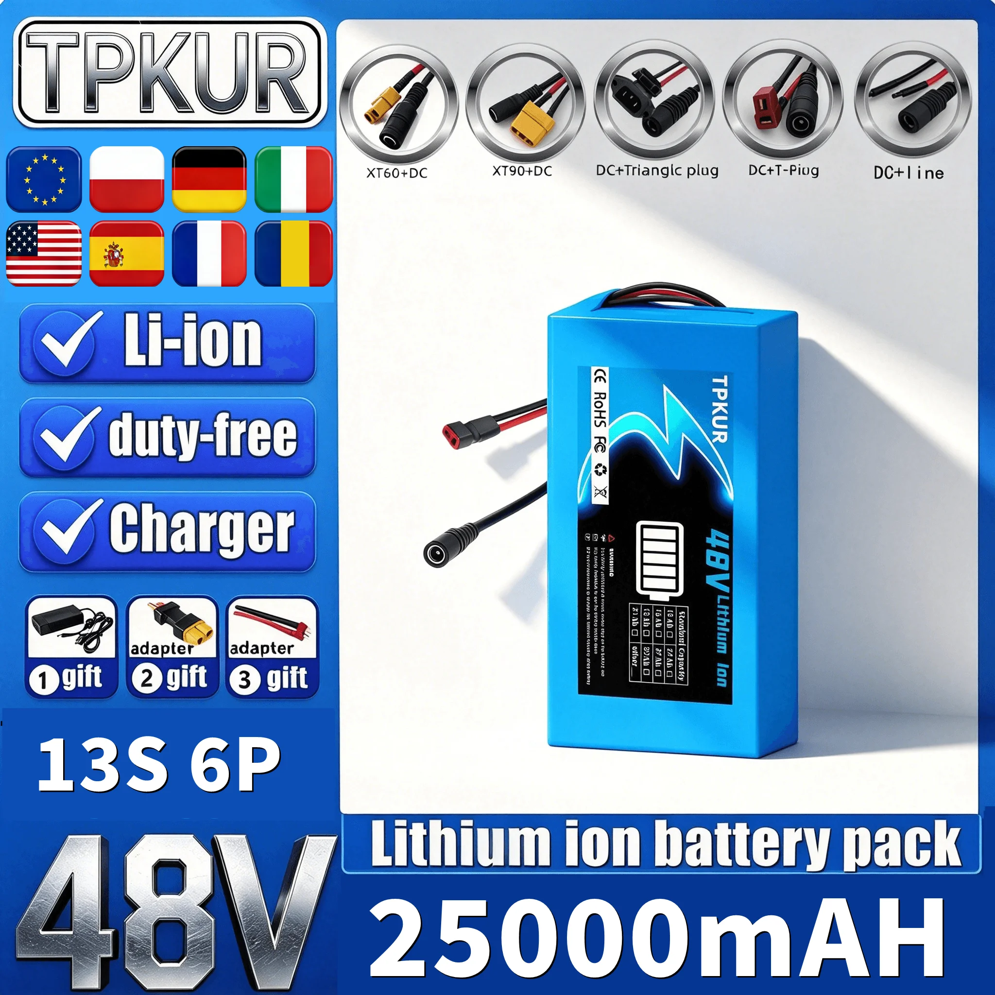 48V 18650 Lithium Battery Pack 25000mAh 13S6P Built-in BMS Replacement for Electric Scooter E-Bike